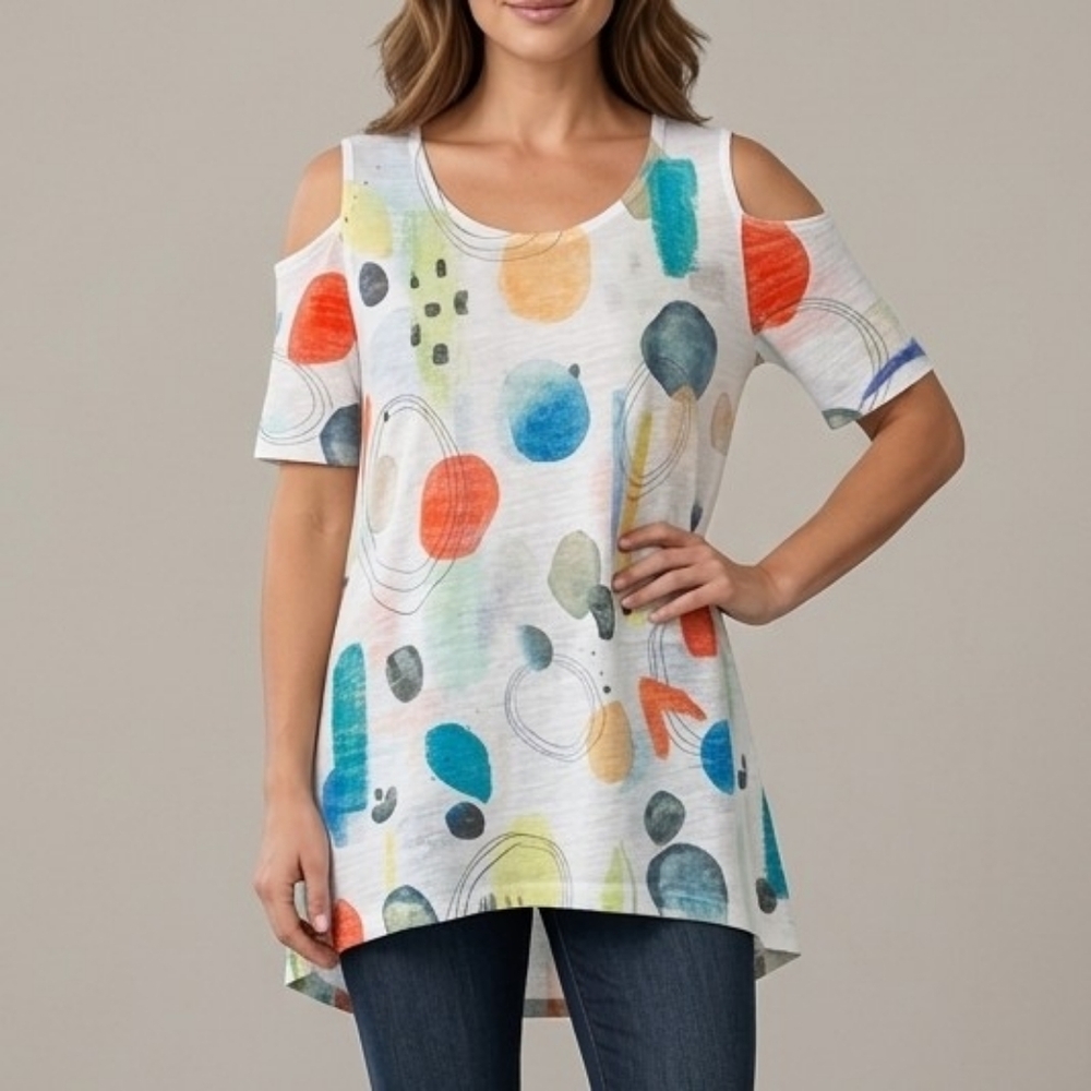 Vibrant Abstract Cold Shoulder Blouse Colorful Artistic Tunic Sz PXL Teal Cream